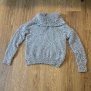 Pink Rose Fuzzy Cowl Neck Sweater - Light Gray